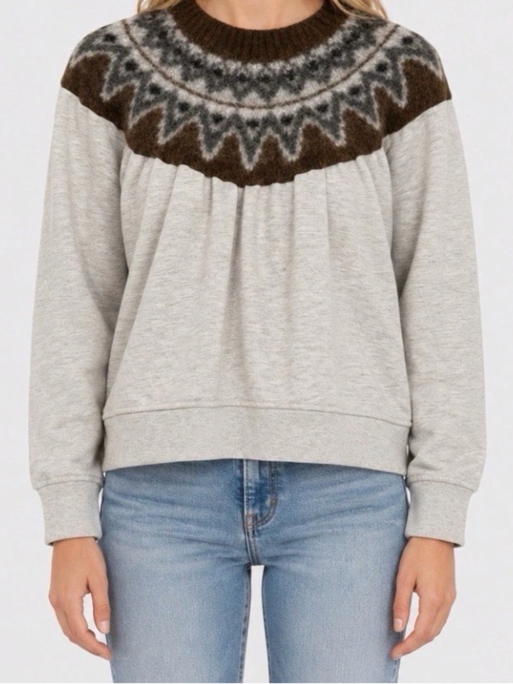 MOTHER Fair Isle Yoke Crewneck Sweater - Light Gray & Brown